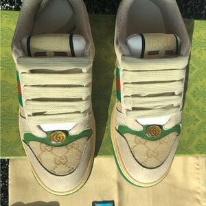 Gucci Kids Beige and Green GG Logo Sneakers